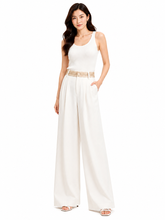 Women wide-leg linen blend trousers with embroidered waistband