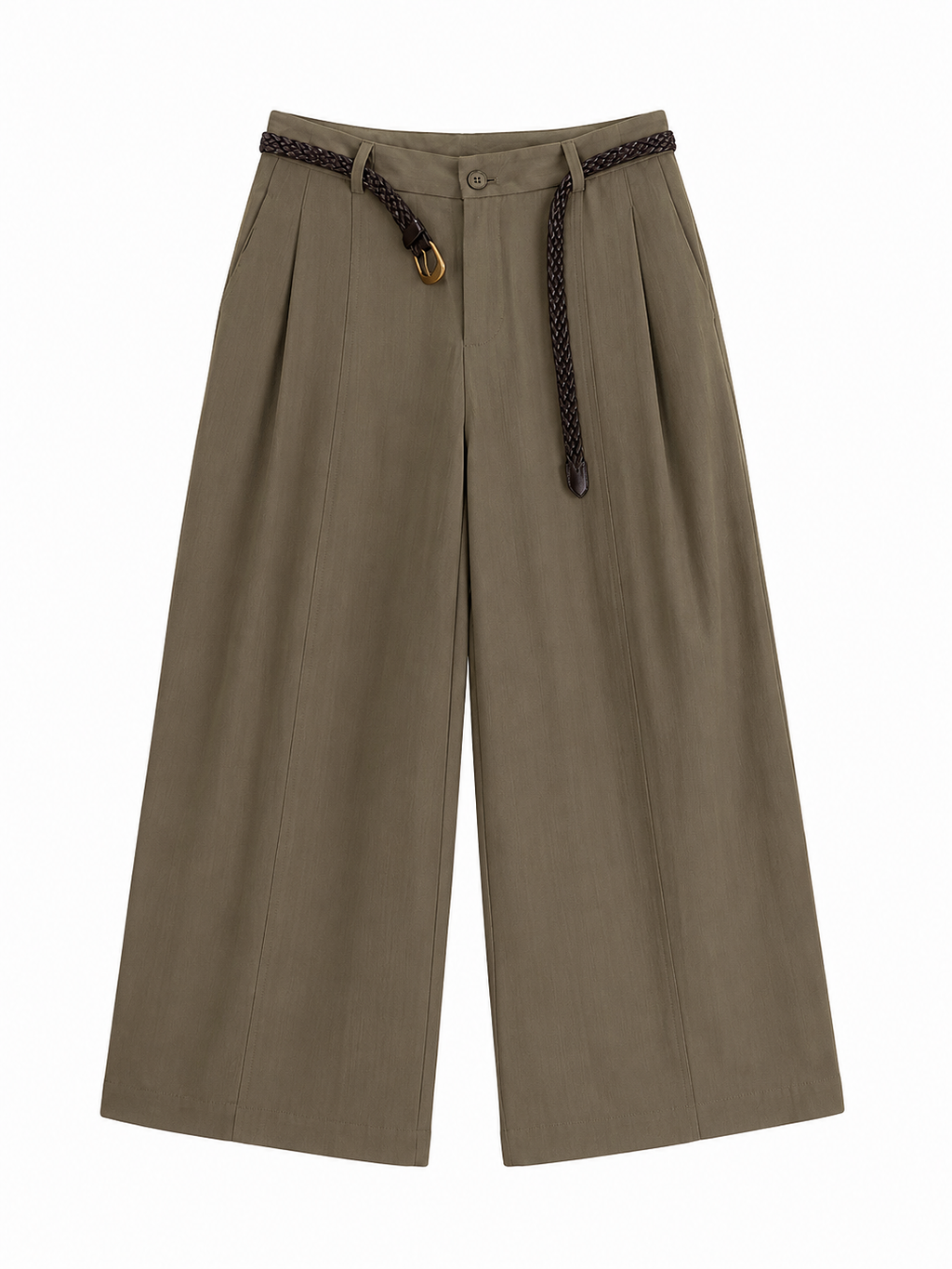 Olive high-waisted wide-leg culotte pants with braided blet