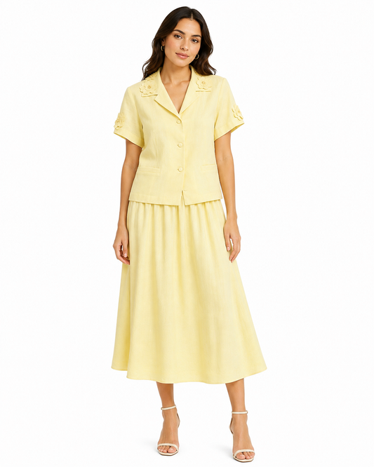 Women’s Pastel Yellow Floral Blouse & Maxi Skirt Set