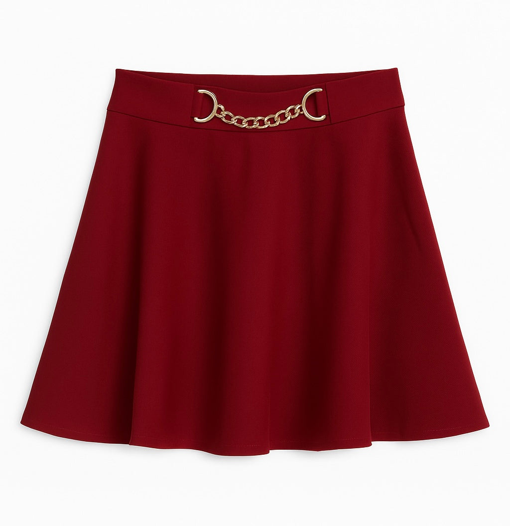 Elegant Red Flared Skirt with Metal Trim