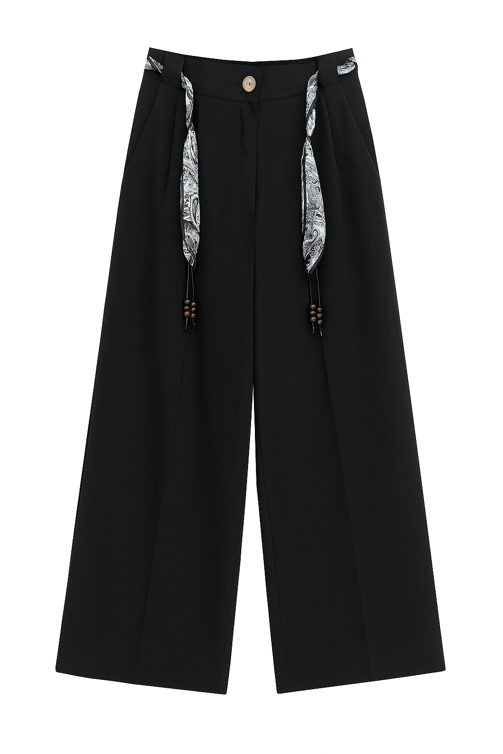 Black Wide-Leg Trousers with Scarf-Tie Detail