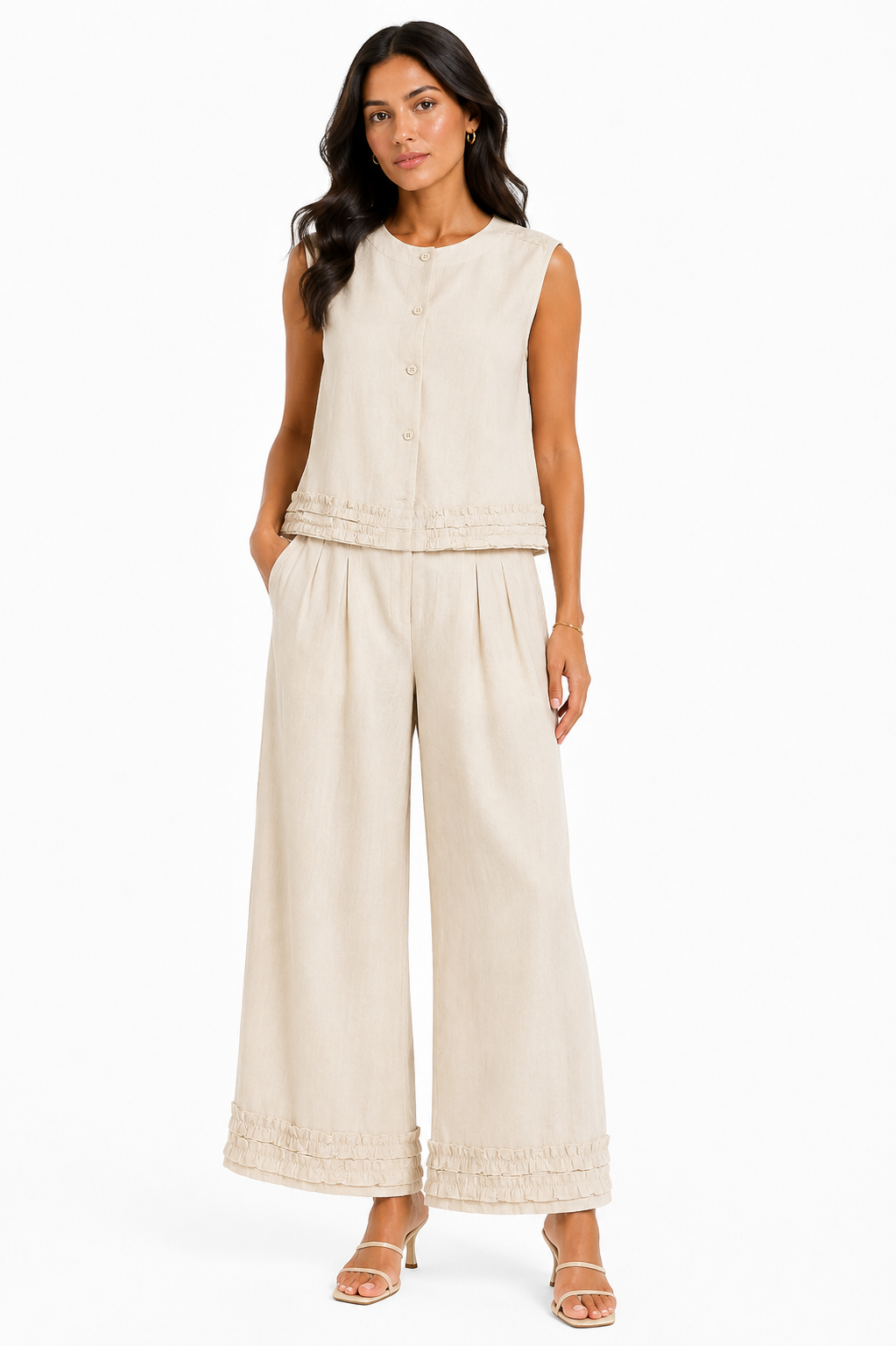 Women’s Beige Linen Lace Vest & Wide-Leg Pants Set