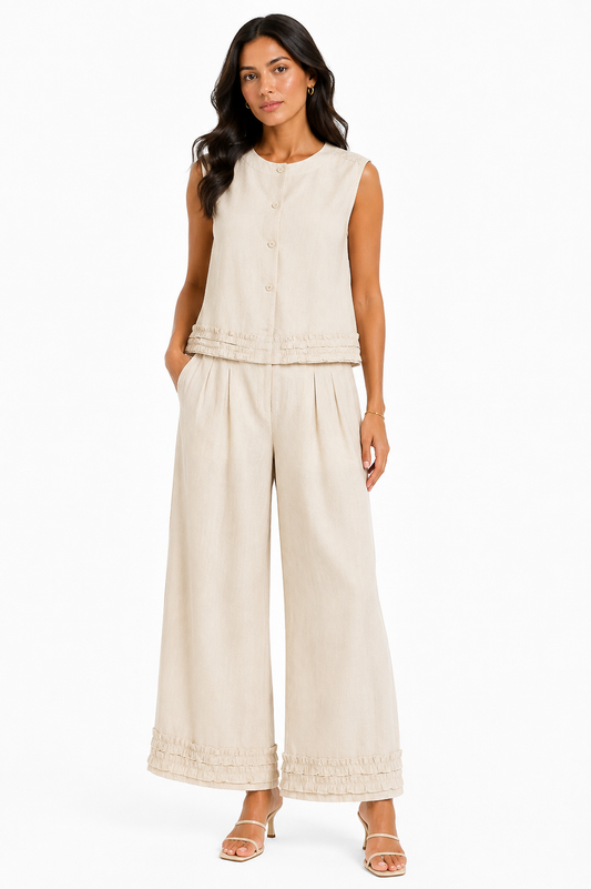 Women’s Beige Linen Lace Vest & Wide-Leg Pants Set