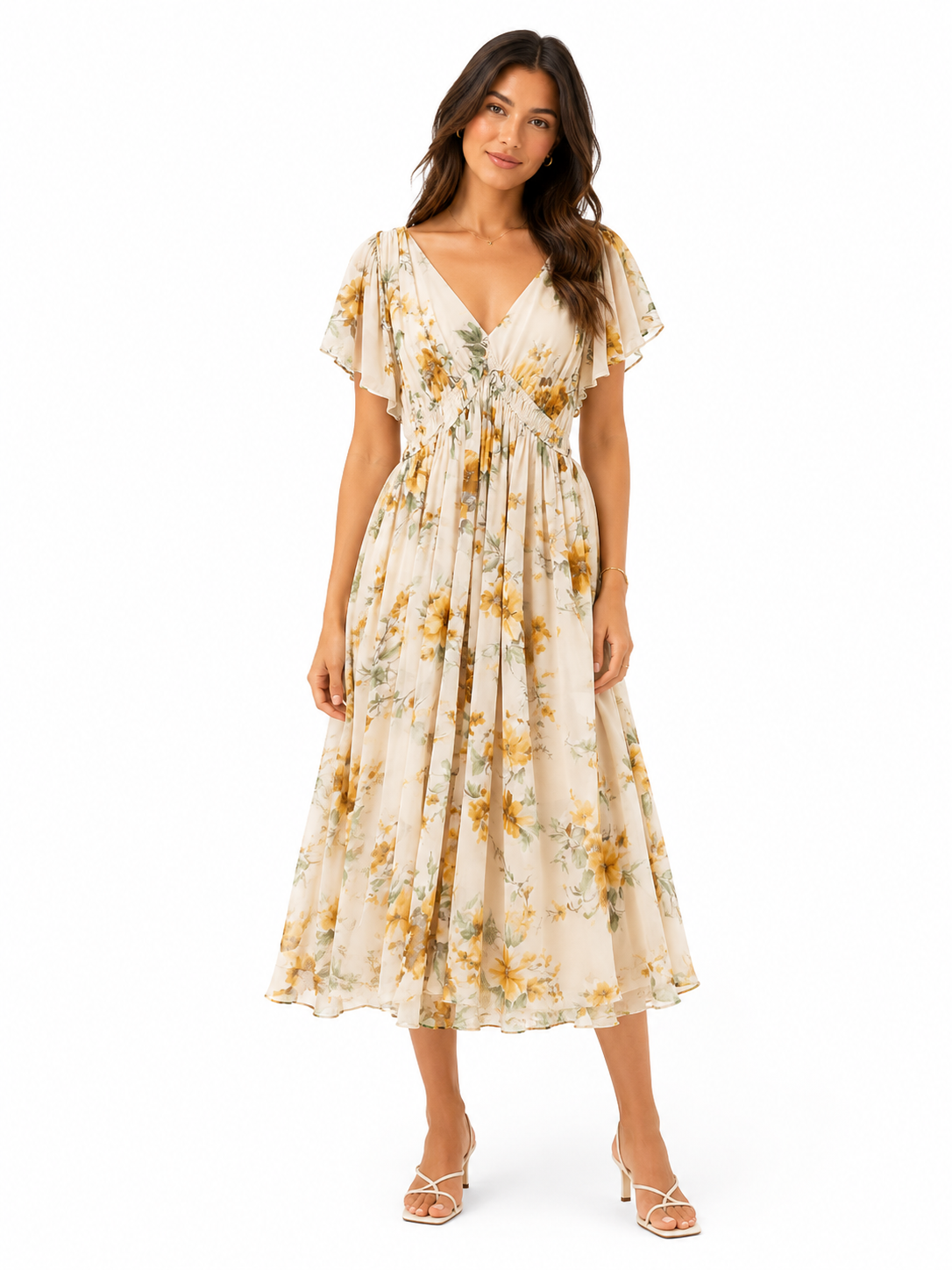 Women floral maxi dress with flutter sleeves