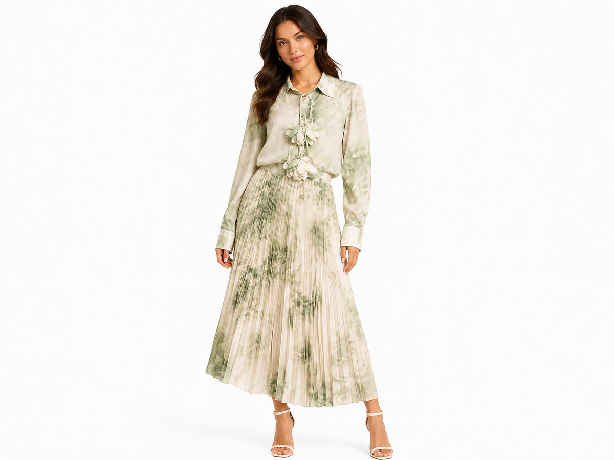 Watercolor floral blouse& pleated SKIRT set