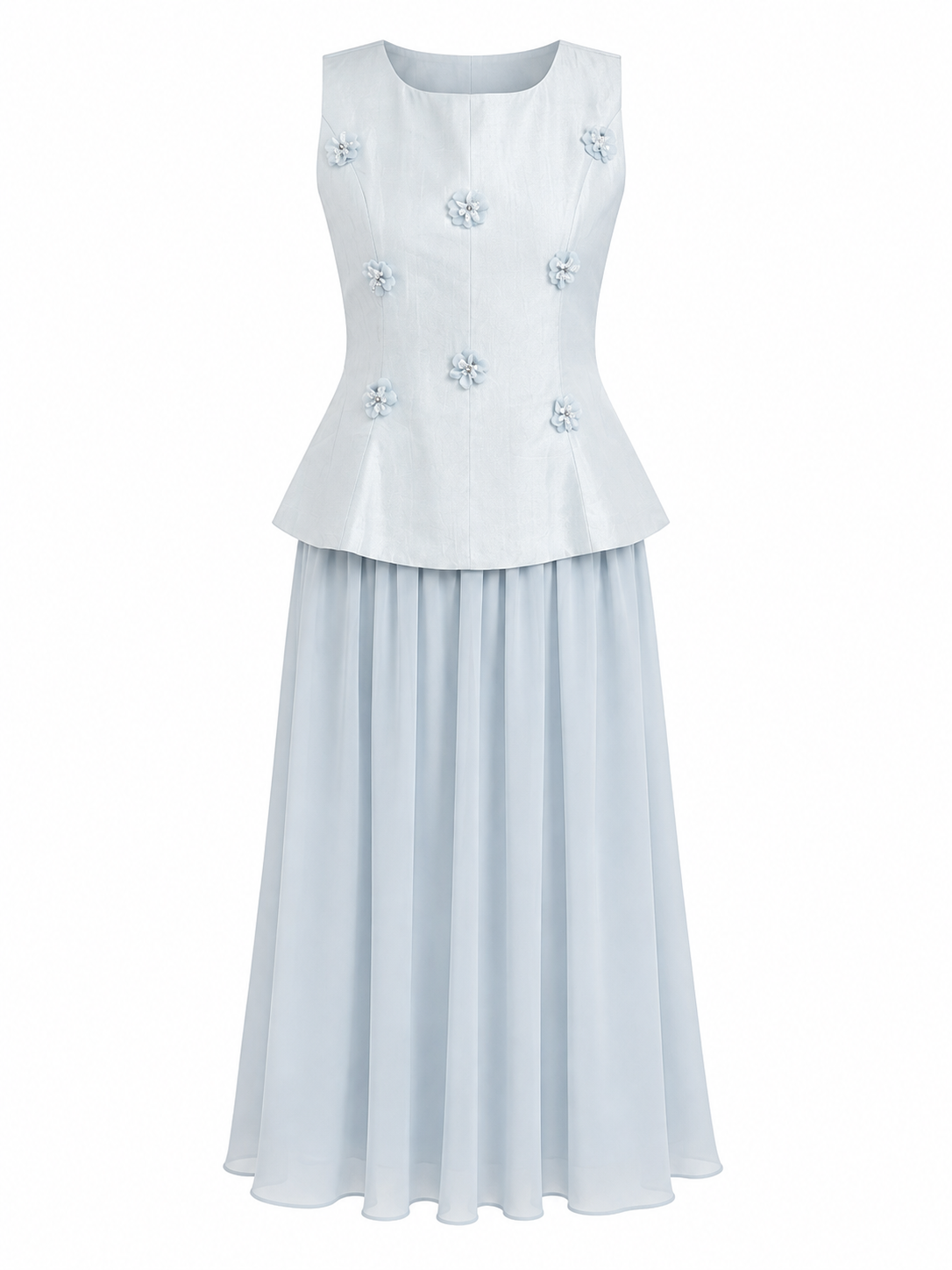 Powder blue floral applique top & maxi skirt set