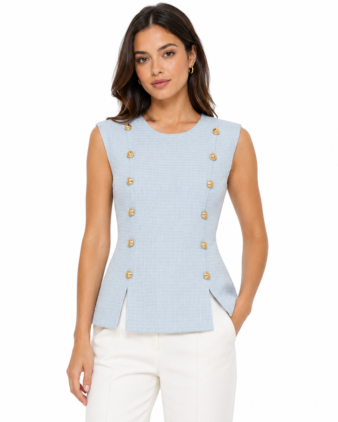 Women’s Light Blue Textured Gold-Button Mini Dress