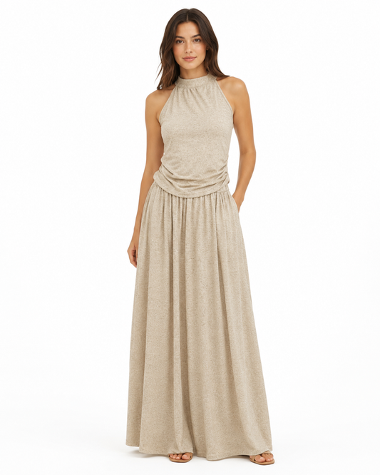 Beige halter top&maxi skirt set