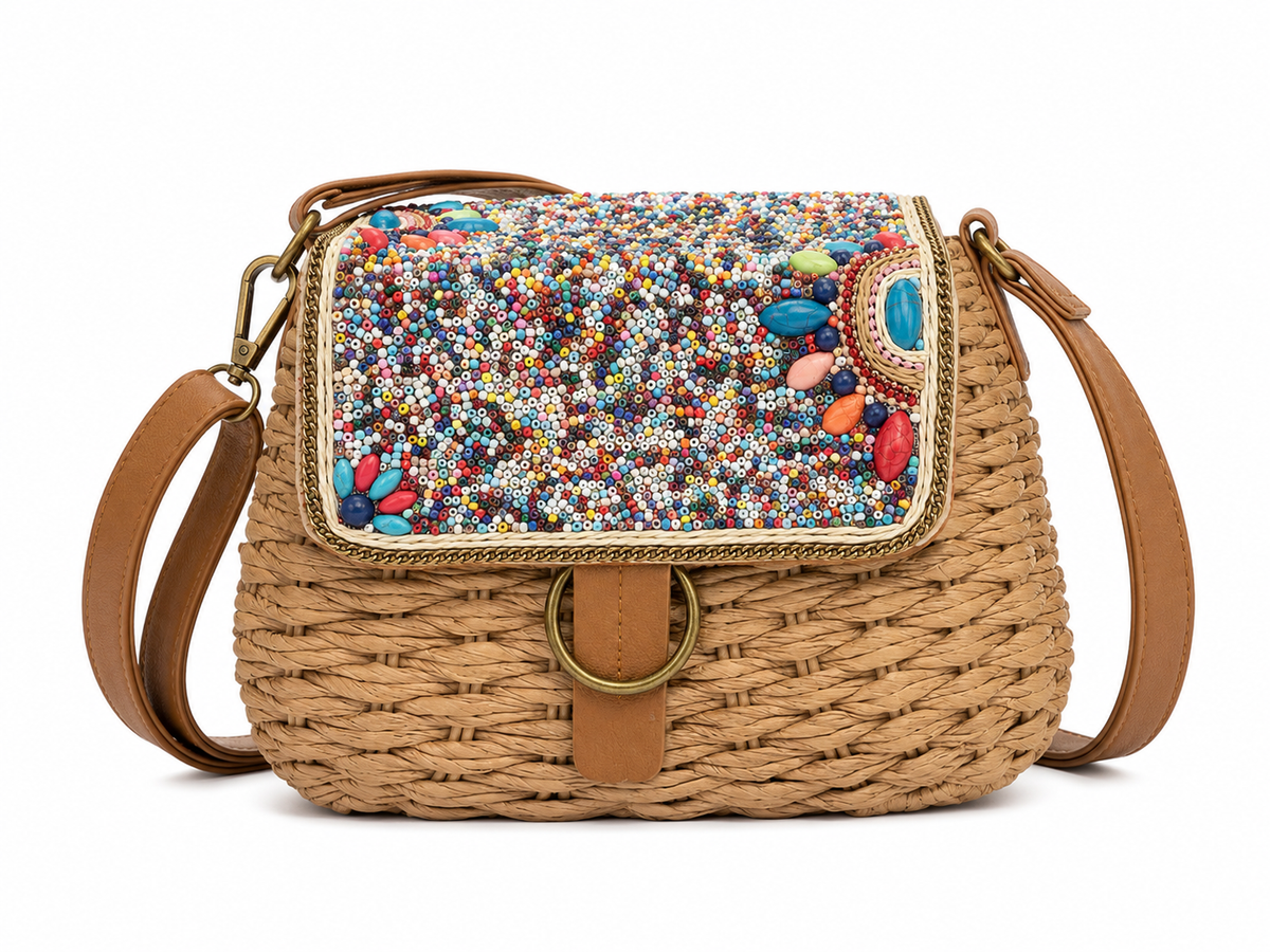 Boho beaded woven crossbody bag