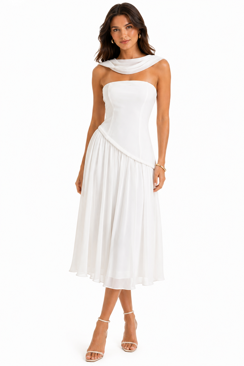 Ivory draped maxi dress with detachable scarf