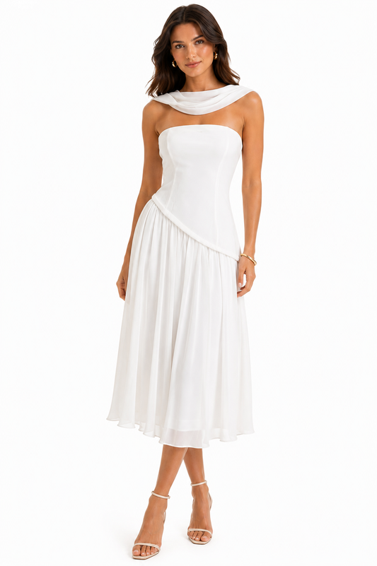 Ivory draped maxi dress with detachable scarf