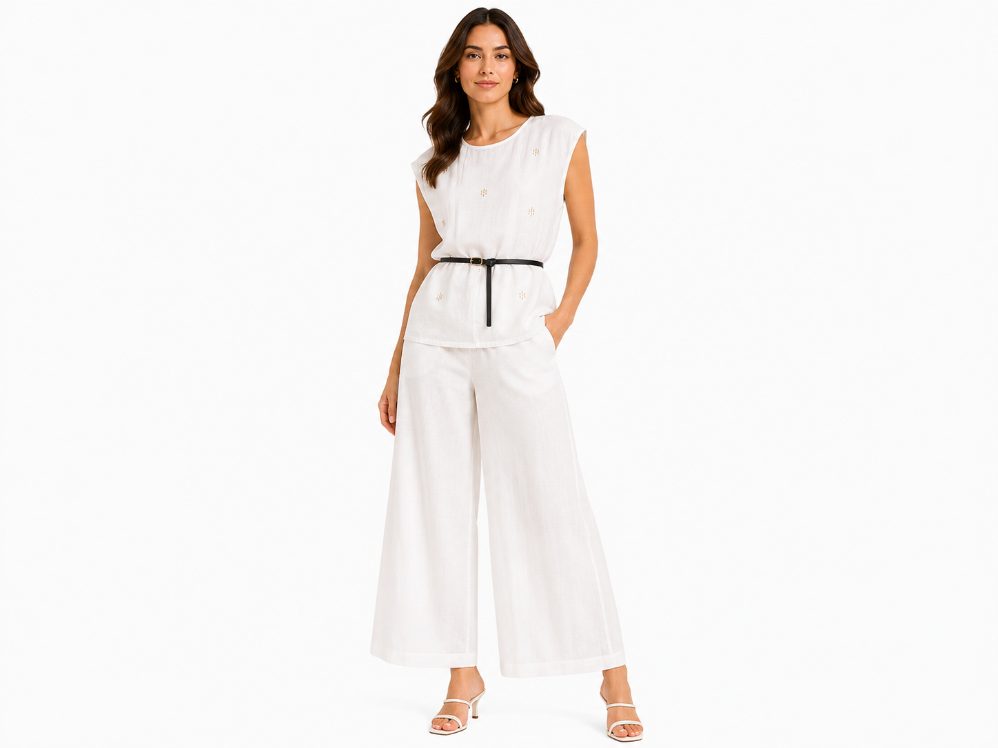 White embroidered blouse&wide-leg pants co-ord set