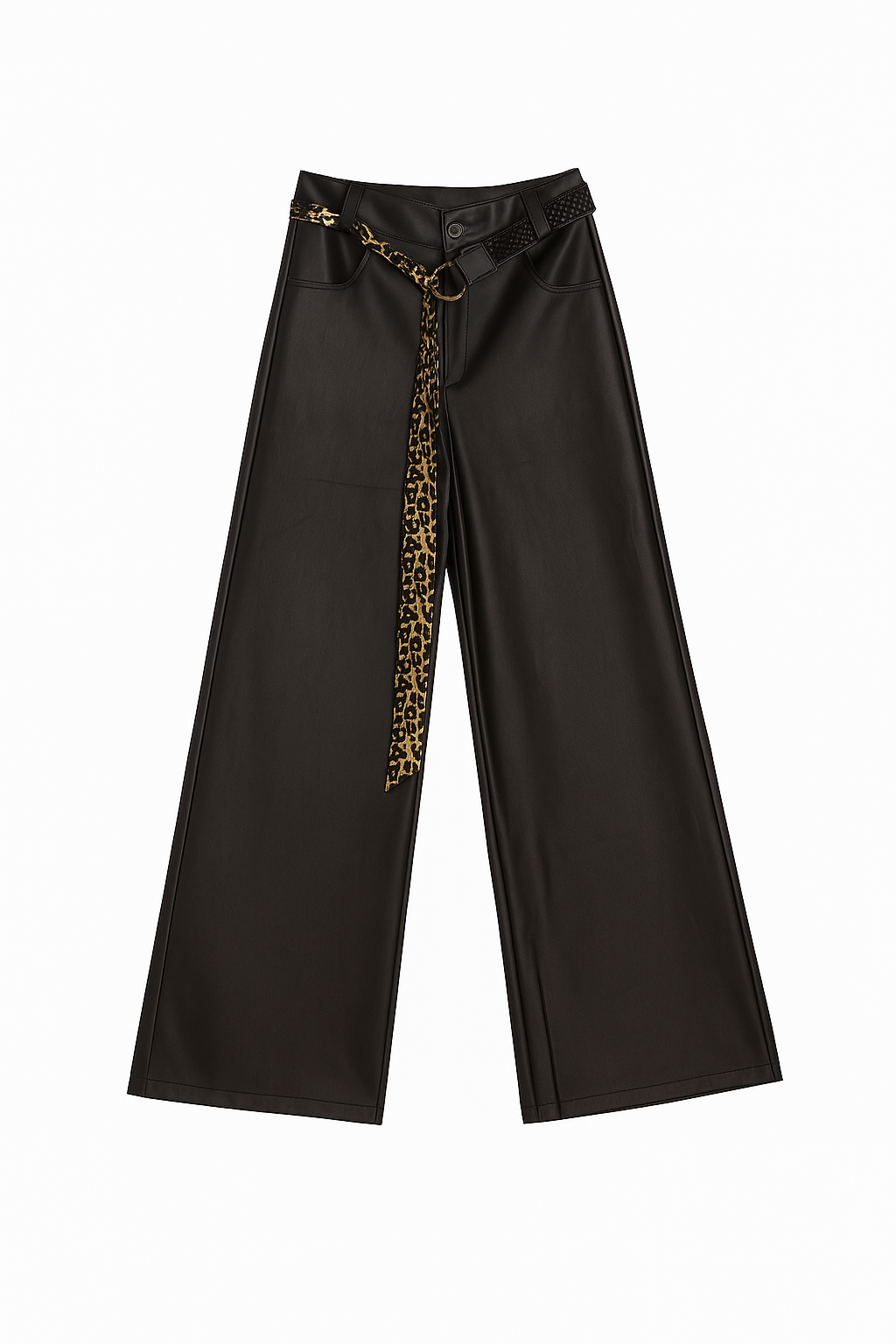 Leather Wide-Leg Pants with Leopard Print Chain Belt