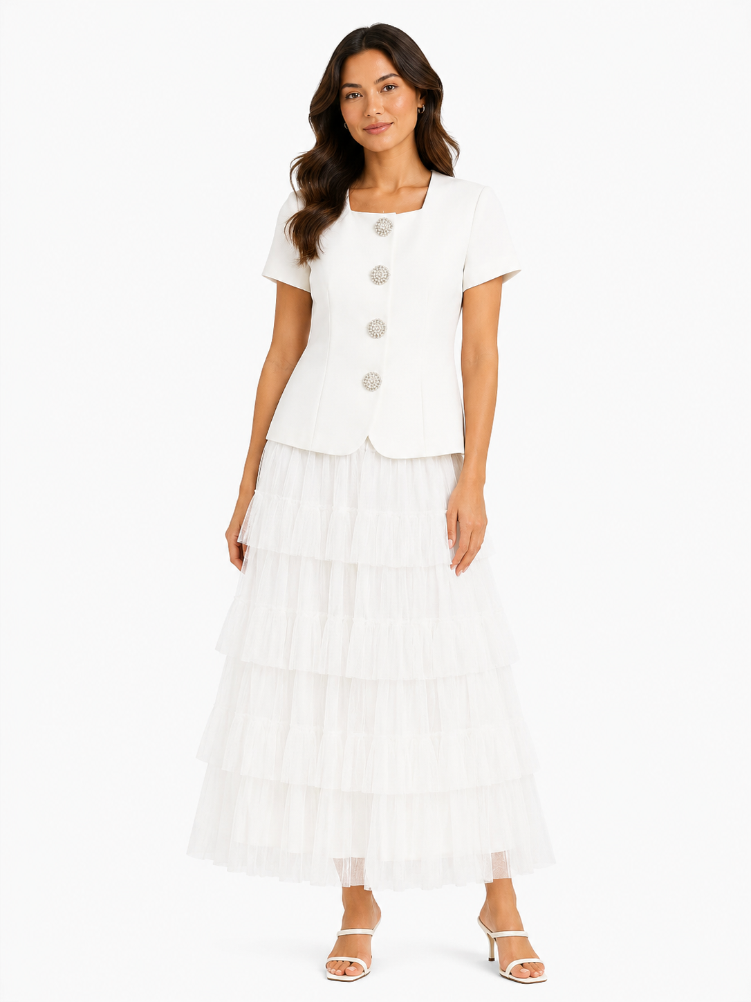 White pearl button blouse & tiered tulle skirt set