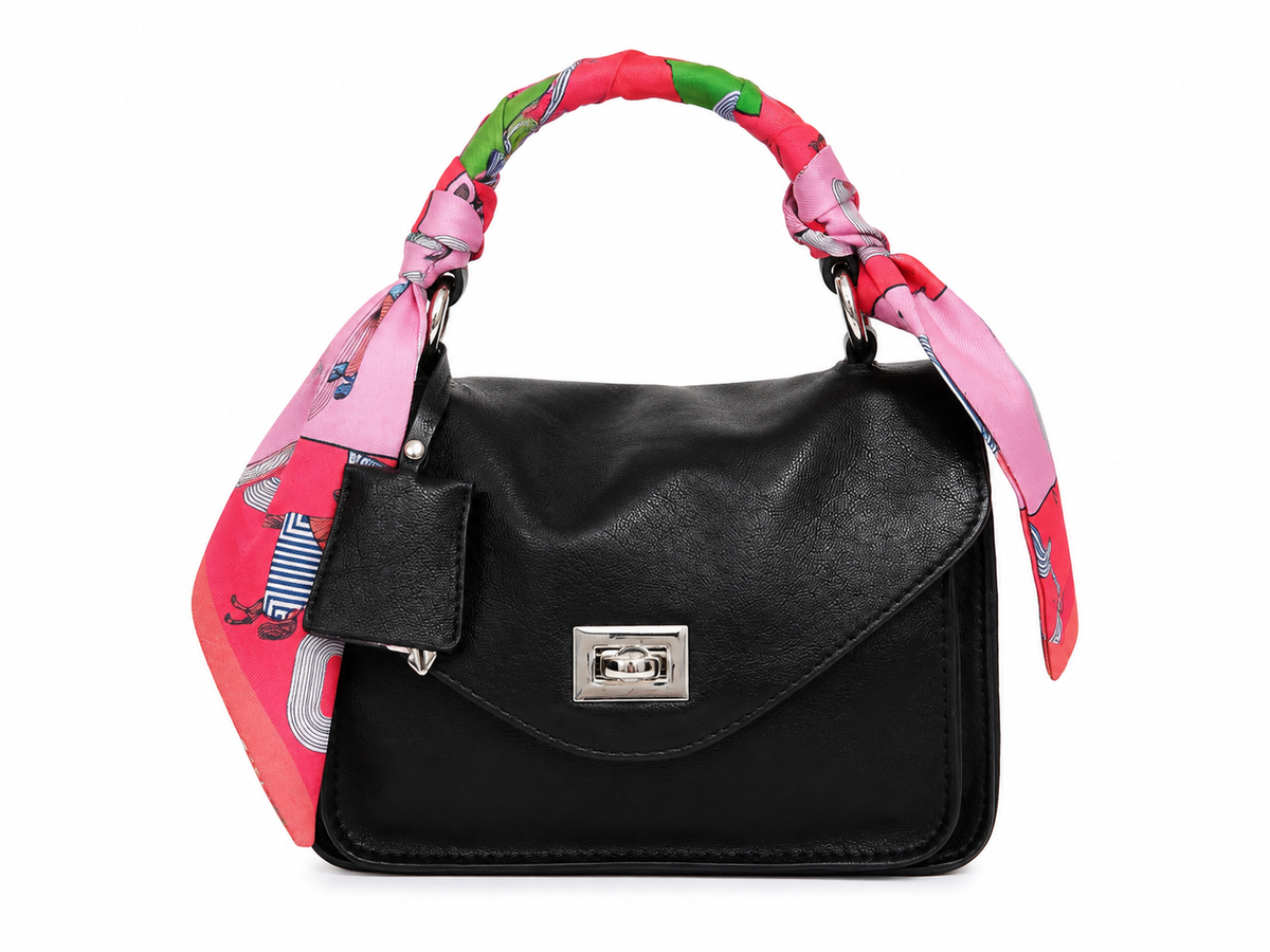 Black mini satchel with printed scarf