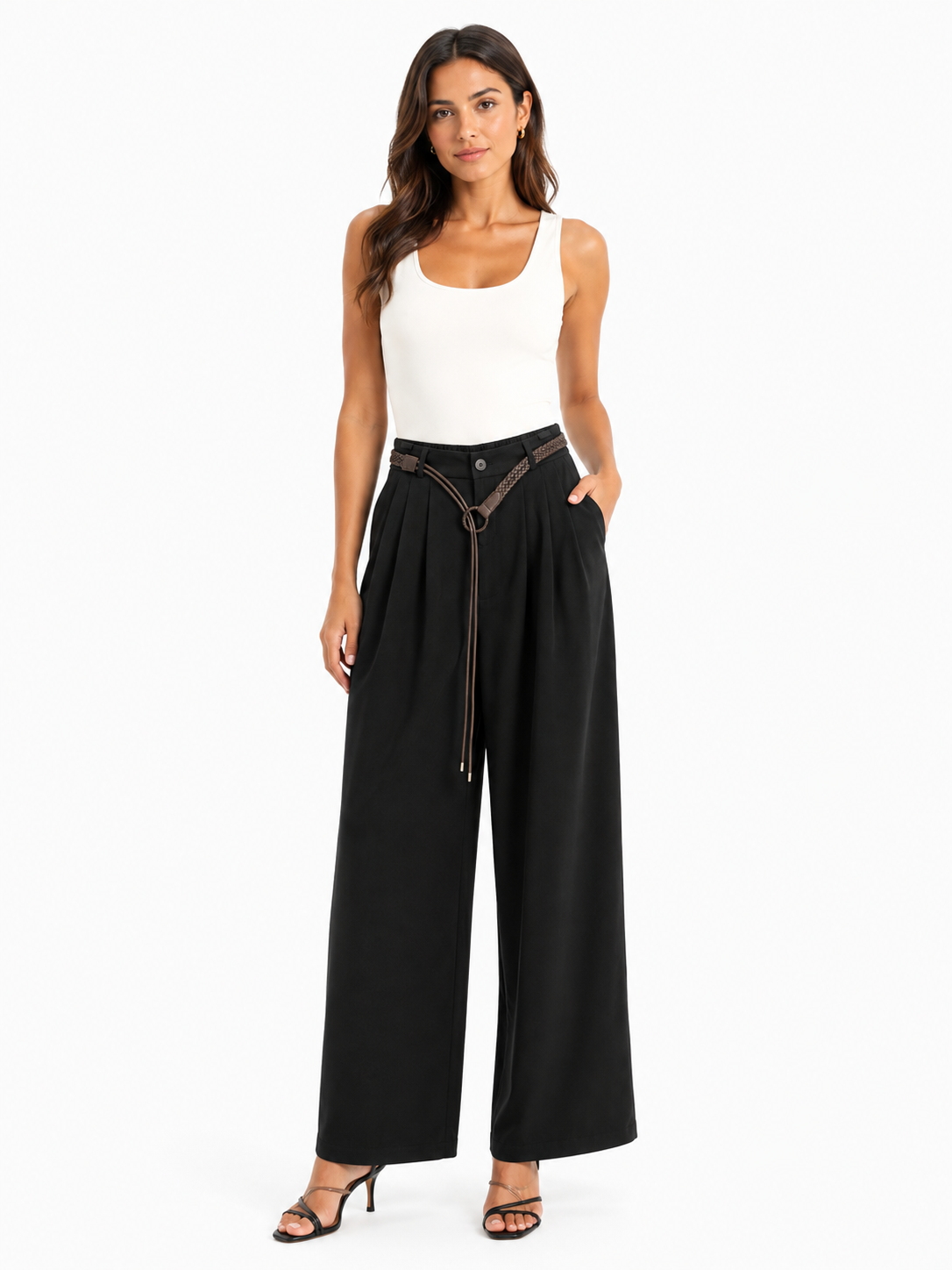 Women’s Black Wide-Leg Trousers with Braided Belt