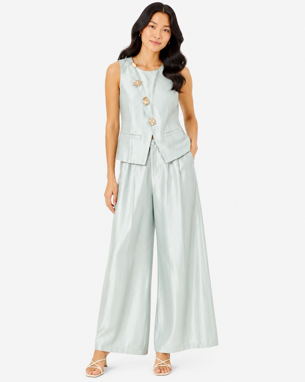 Women’s Mint Green Embellished Vest & Wide-Leg Pants Set