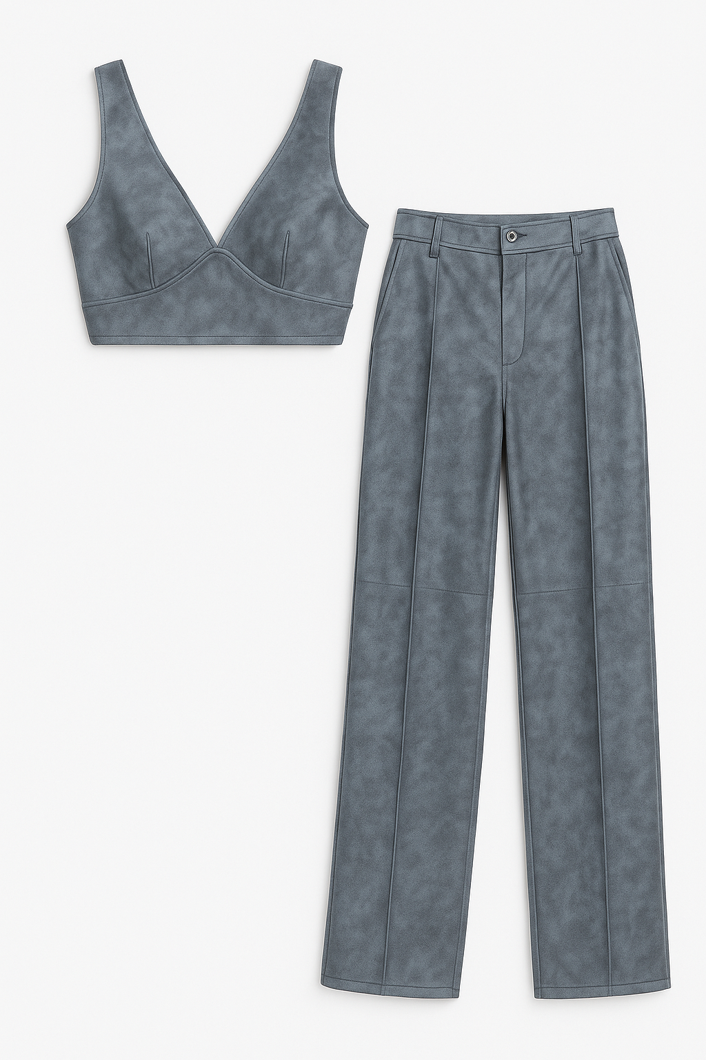 Slate Blue Faux Suede Bralette and High-Waisted Trousers Set