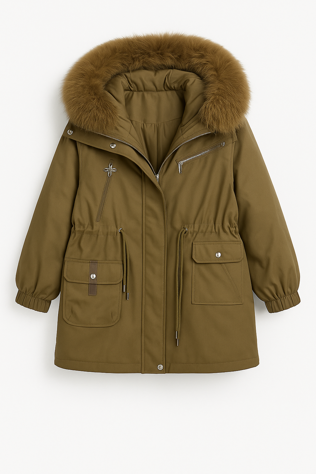 Fur-Trimmed Parka Coat in Olive Green