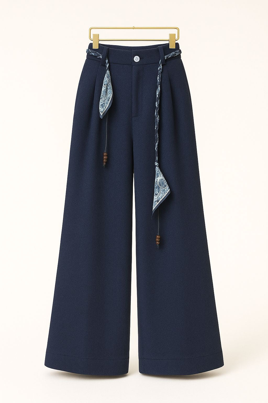 Navy Wide-Leg Trousers with Scarf Belt Detail