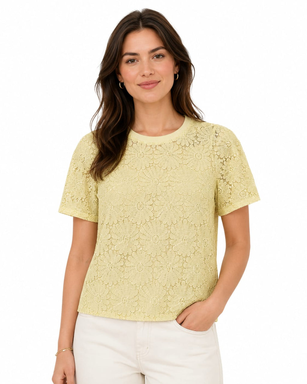 Pastel Yellow Floral Lace Short-Sleeve Top