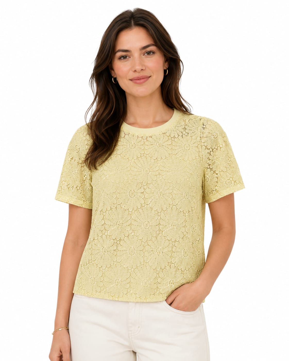 Pastel Yellow Floral Lace Short-Sleeve Top