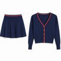 Navy Pleated Skirt and Cardigan Set with Red Trim