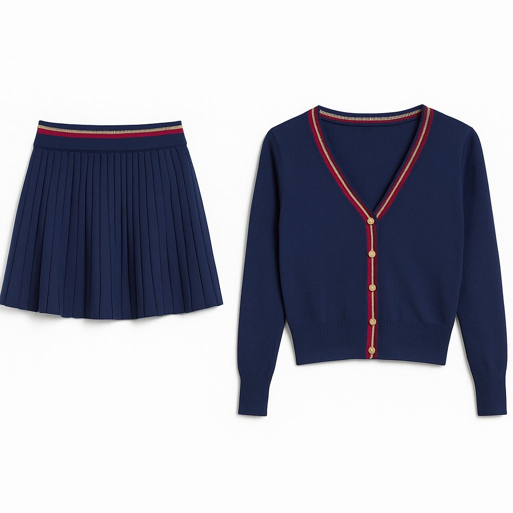 Navy Pleated Skirt and Cardigan Set with Red Trim