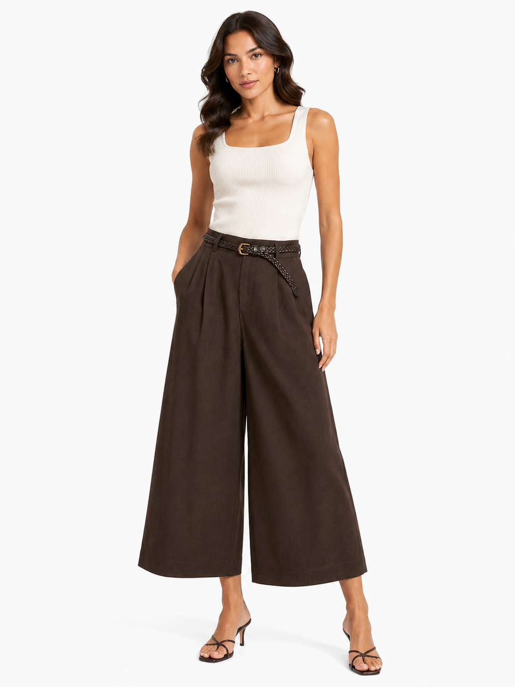 Women dark brown wide-leg cropped pants with braided belt