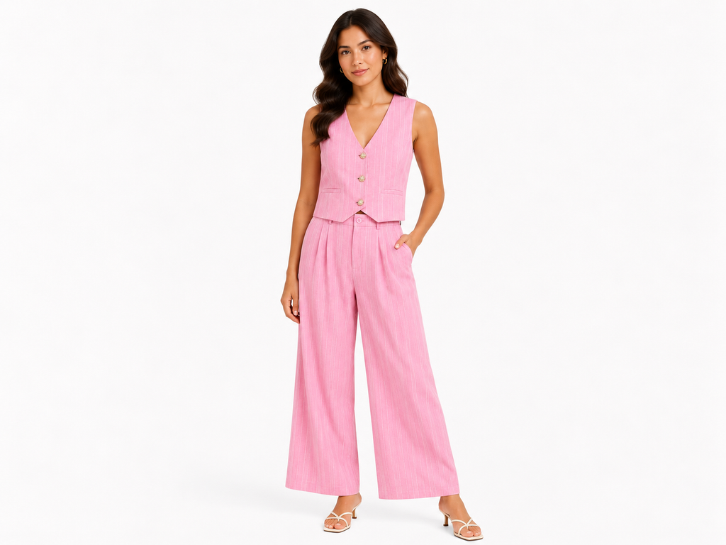 Pink pinstripe west & wide-leg pants set