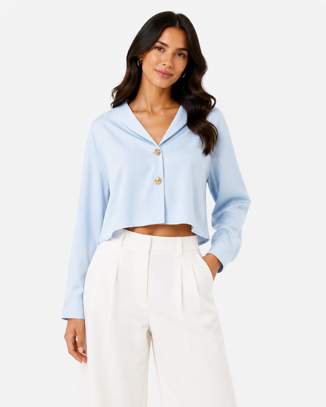 Women pastel blue satin cropped blouse with gold button