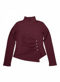 Burgundy Side-Button Mock-Neck Long Sleeve Top