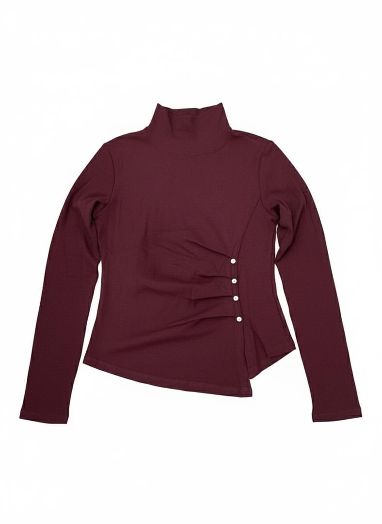 Burgundy Side-Button Mock-Neck Long Sleeve Top