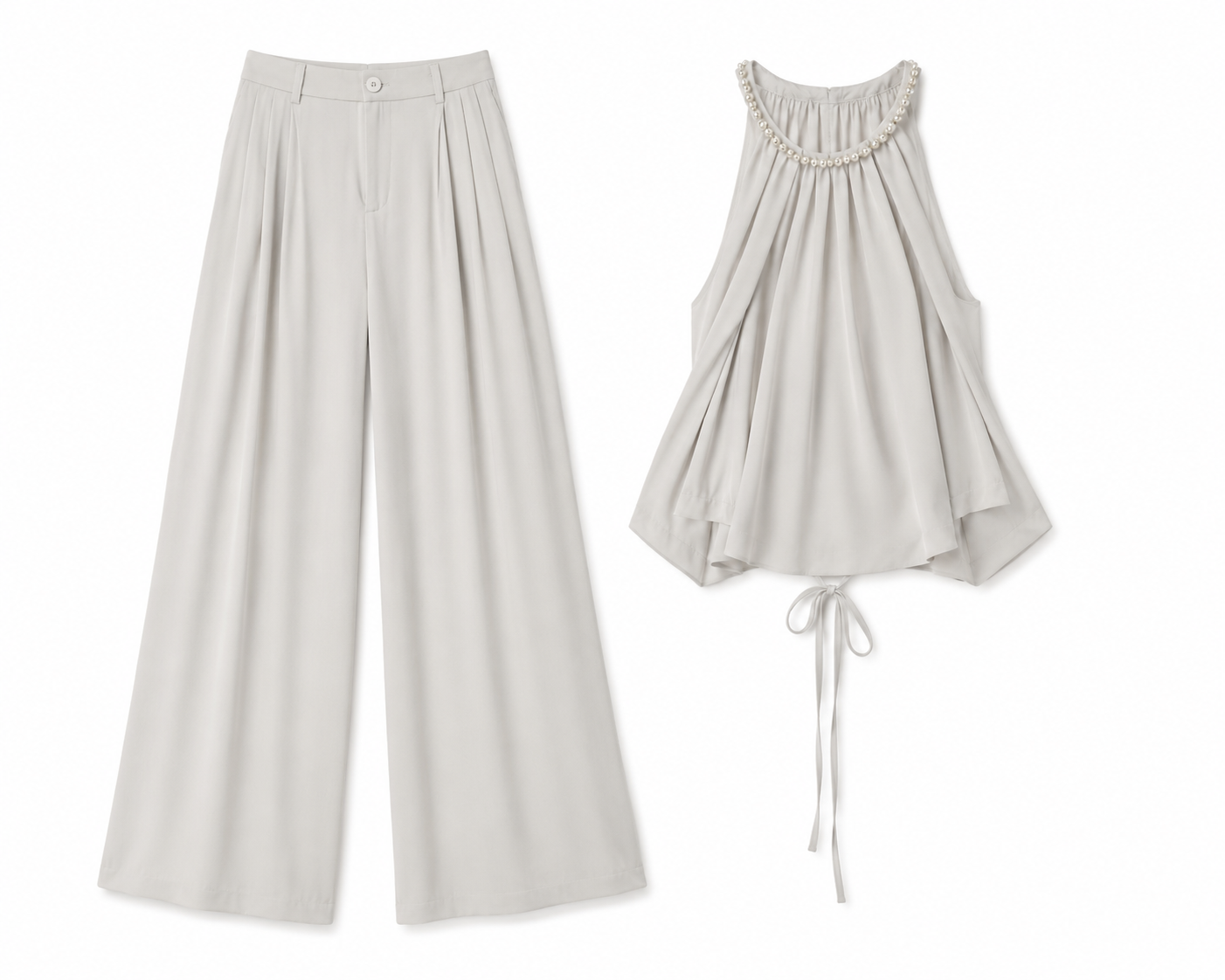Pearl neck halter top& wide-leg pants set