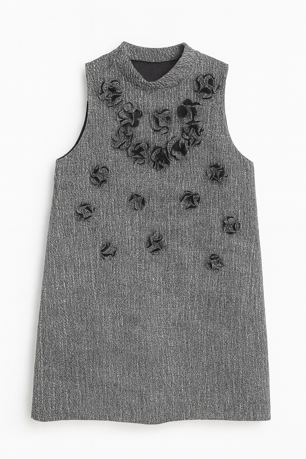 Textured Charcoal Shift Dress with Flower Details