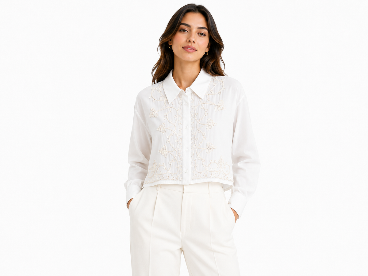 Women embroidered cropped shirt-ivory white