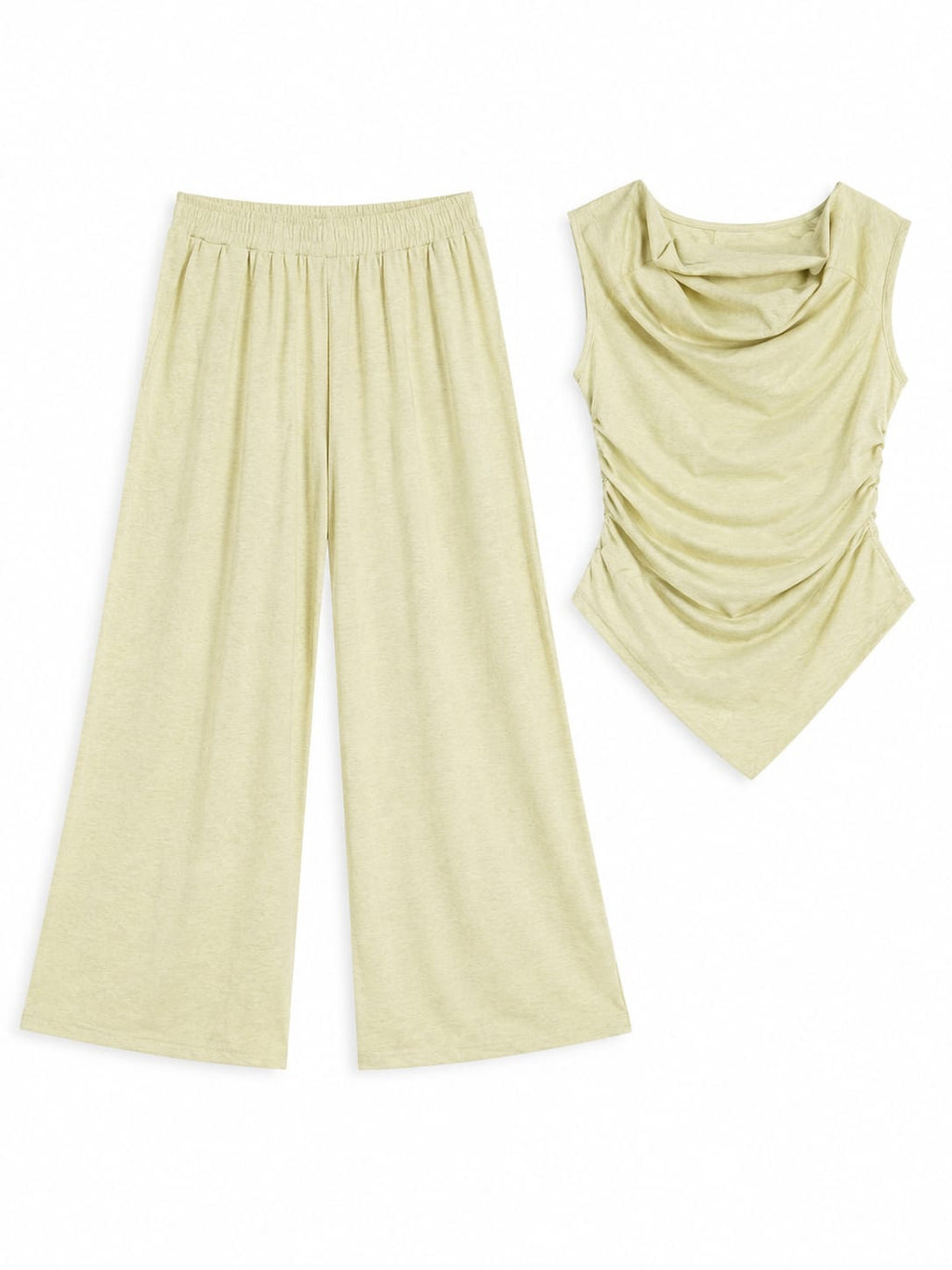 Pale Yellow Cowl-Neck Wide-Leg Set