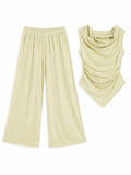 Pale Yellow Cowl-Neck Wide-Leg Set