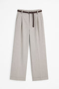 High-Waist Pleated Trousers with Braided Belt – Light Grey