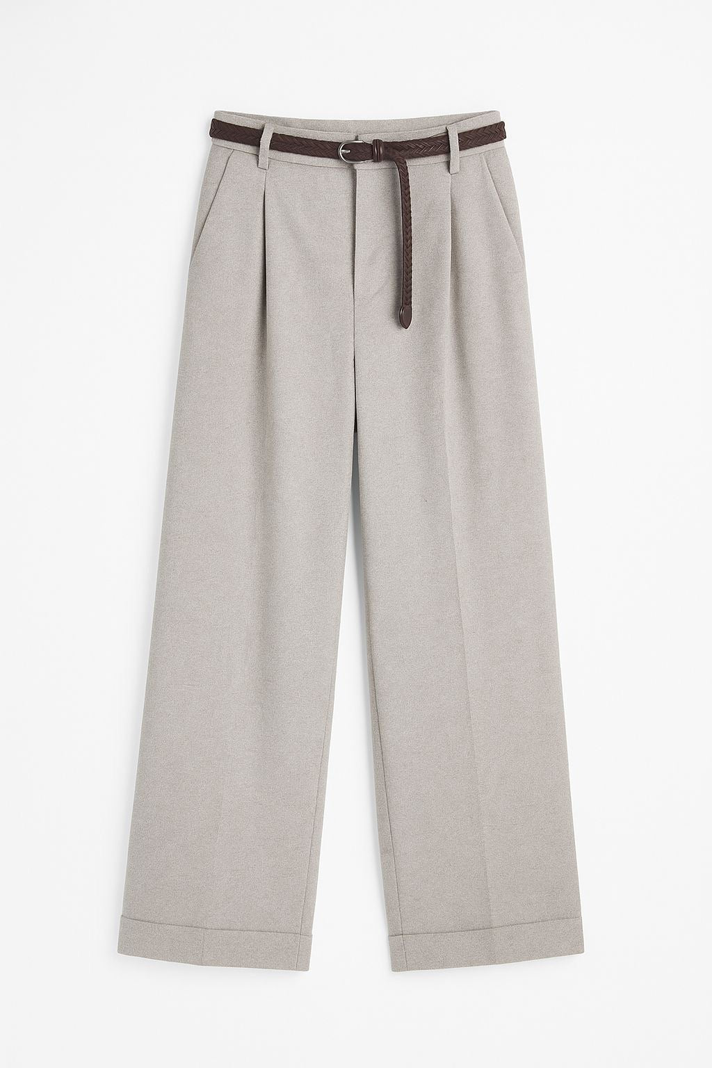 High-Waist Pleated Trousers with Braided Belt – Light Grey