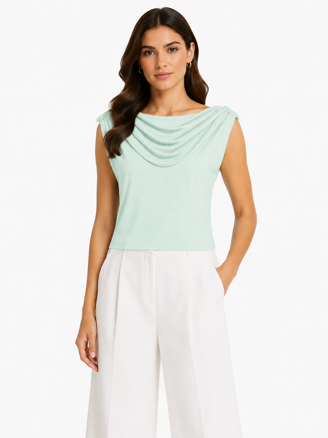 Women mint green draped cowl neck top