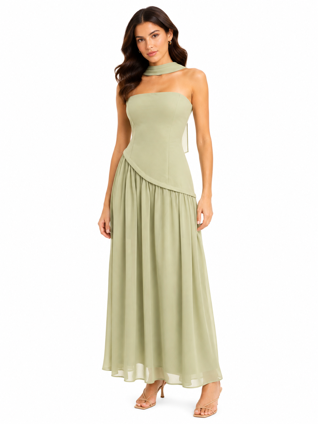 Women sage green halter maxi dress with scarf detail