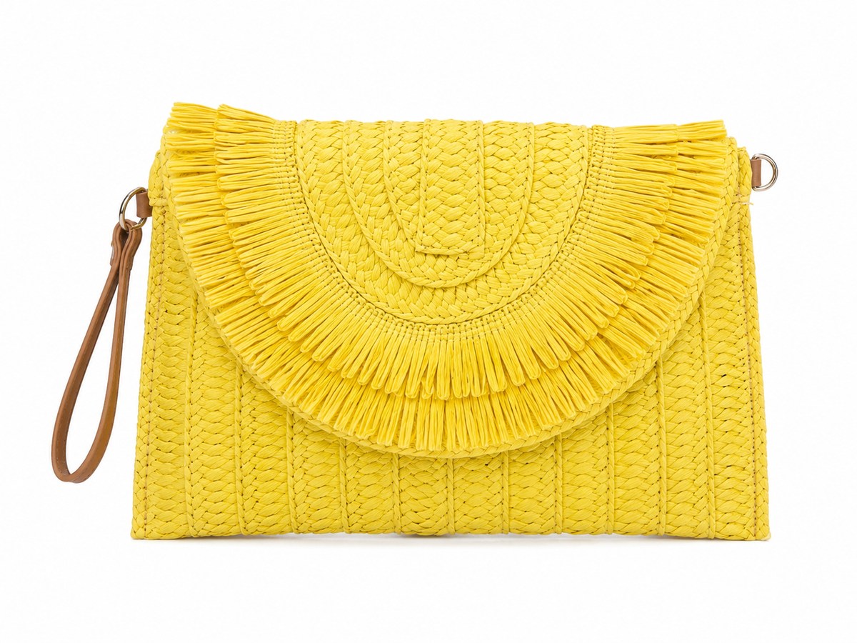 Sunshine fringe woven clutch