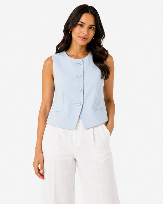 Women pastel blue button-front tailored vest l