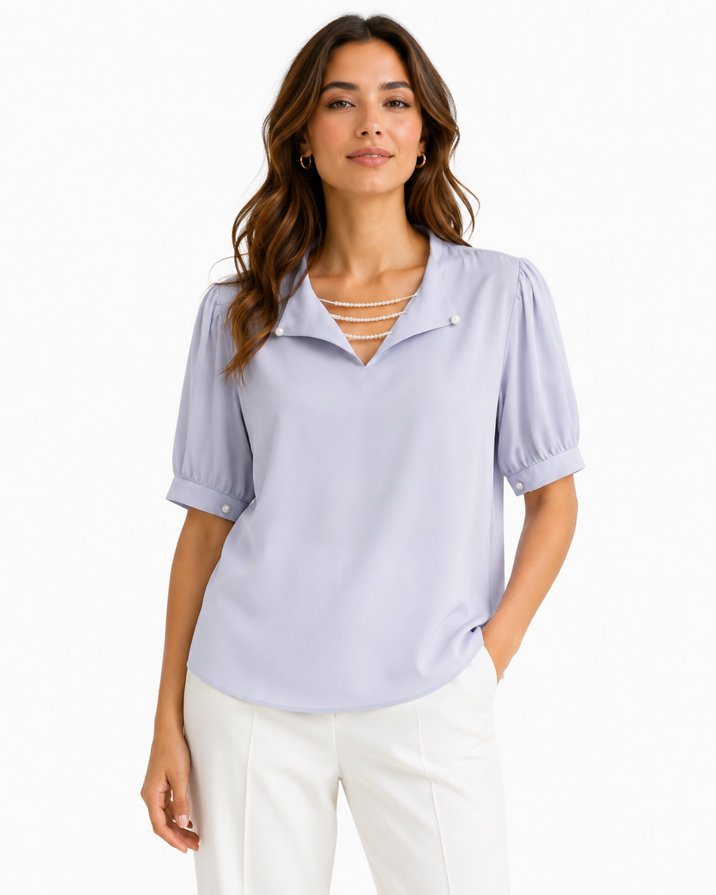 Women pearl detail collared blouse-powder blue