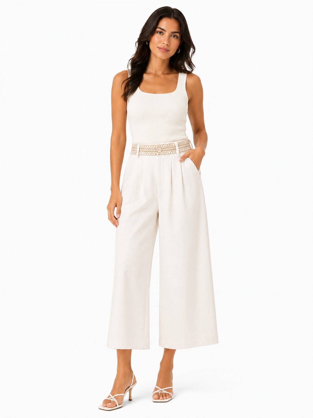 Women wide-leg linen blend trousers with embroidered waistband