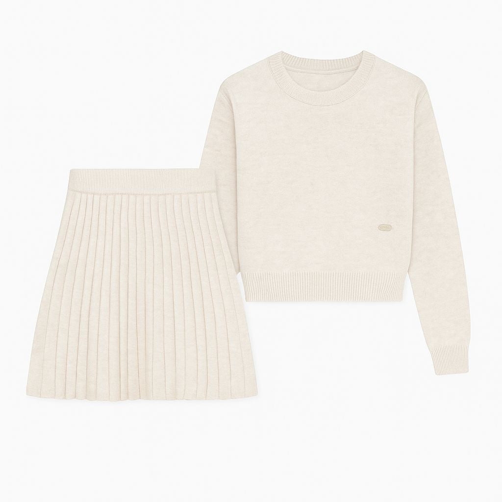 Cream Pleated Knit Skirt and Sweater Set