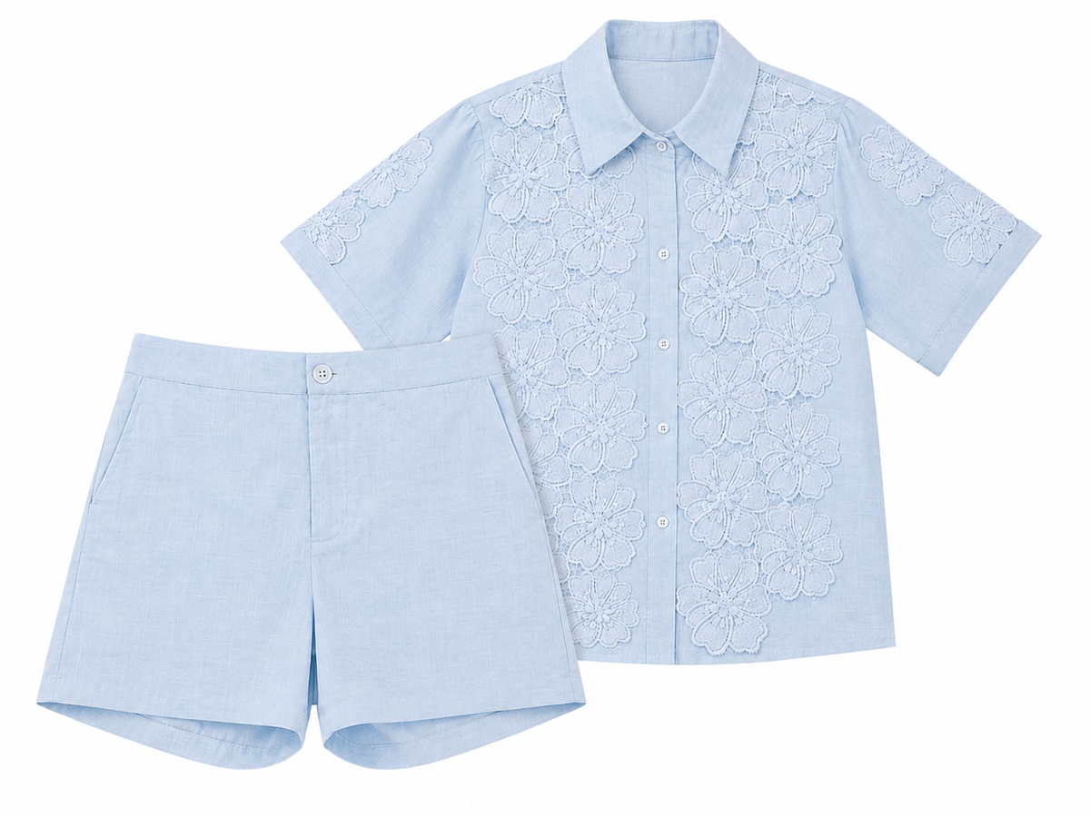Sky blue floral lace shirt& shorts set