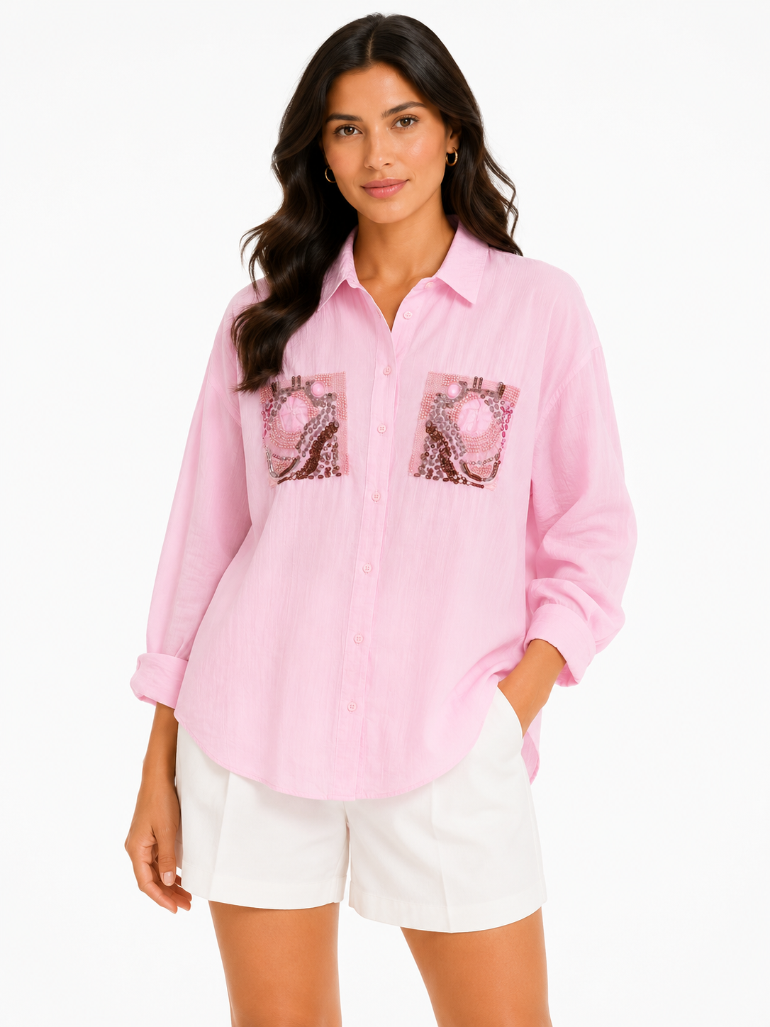 Pink embellished button-up shirt
