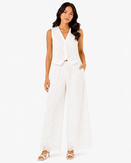 Women’s White Geometric Lace Vest & Wide-Leg Pants Set